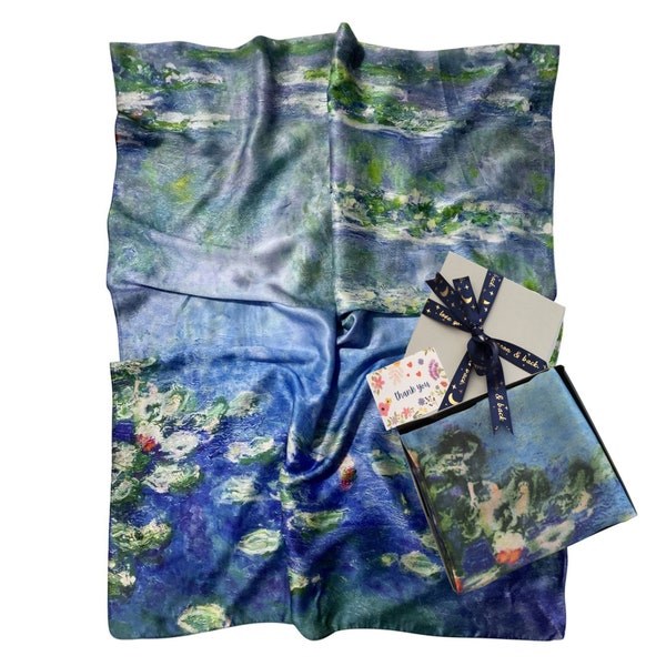 Monet Water Lily Print Scarf in Gift Box, Water Lily Print Silk Scarf for Women, Great Paintings Gift Box Scarf UK, Water Lily Scarf Gift
