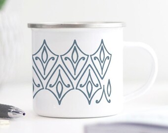 Hand drawn fun Camp Mug, blue geometric, shield and fleur