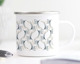 Hand drawn floral Camp Mug, blue and yellow modern flowers