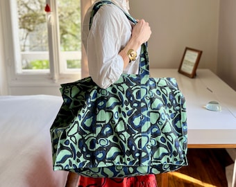 Hand Block-Printed Organic Cotton Canvas Weekender Carry-on Tote in Green Wild Dog Print