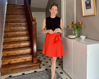 Organic Cotton Mini Wrap Skirt, Hand Block-printed Tomato Red Staghorn Coral Print