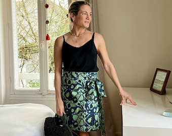 Organic Cotton Mini Wrap Skirt, Green Blue and Black Animal Print