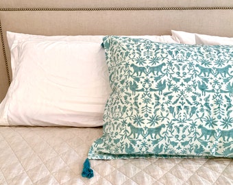 Hand Block-printed Organic Cotton Linen, Light Blue Jaguar Pillow Sham