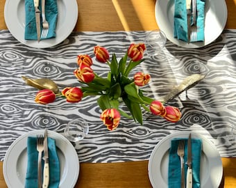 Hand Block-Printed Organic Cotton Linen Table Runner in Gray and White Faux Bois print