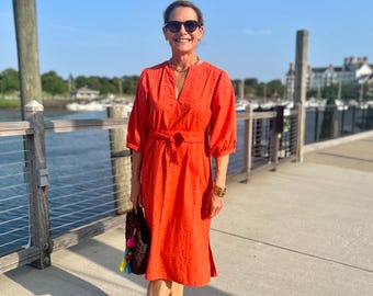 Organic Cotton Below the Knee Dress with Puff Sleeves, Tomato Red Staghorn Hand Block Print