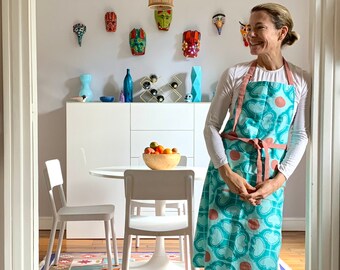 Organic Cotton Apron with pockets, Hand block-printed, Turquoise and Terracotta
