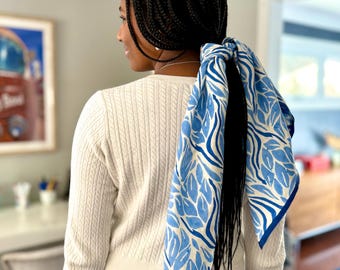 Peace Silk Square Scarf – Blue and White Hand Block Printed Square, Ethical & Sustainable
