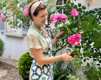 Organic Cotton Apron with pockets, Hand block-printed, Navy Blue and Green