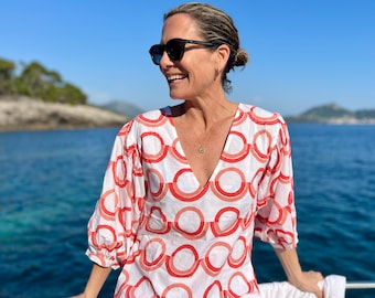 Organic Cotton Spring Blouse, Coral Pink and Red Circle Hand Block Print