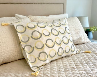 Hand Block-Printed Organic Cotton Linen Pillow Sham with Yellow Tassels