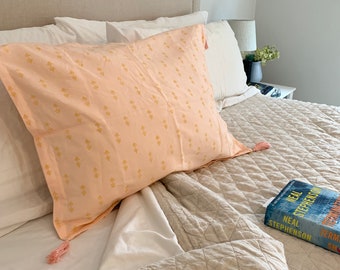 Hand Block-Printed Pillow Sham, Organic Cotton Linen, Blush Pink Gold Staghorn, Tassels