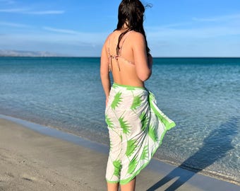 Hand Block-Printed Organic Cotton Green and White Sarong or Scarf, Resort Ready