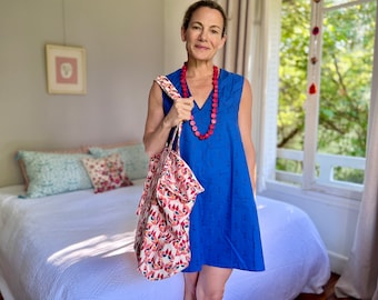 Organic Cotton Sleeveless Mini Dress, Royal Blue Staghorn Hand Block Print