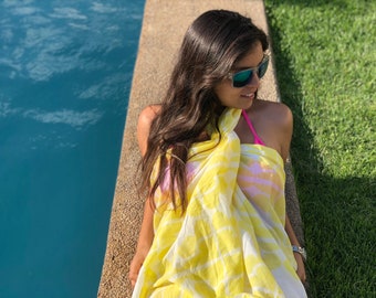 Hand Block-Printed Organic Cotton Sarong, Lemon Yellow Butterfly Print