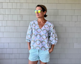 Organic Cotton Puff Sleeve Blouse, Aqua Khaki and White Circle Hand Block Print