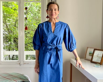 Organic Cotton Below the Knee Dress with Puff Sleeves, Royal Blue Staghorn Hand Block Print