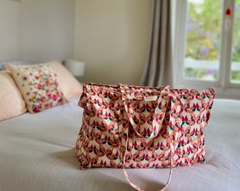 Hand Block-Printed Organic Cotton Canvas Weekender Carry-on Tote with Confetti Mollusk Print