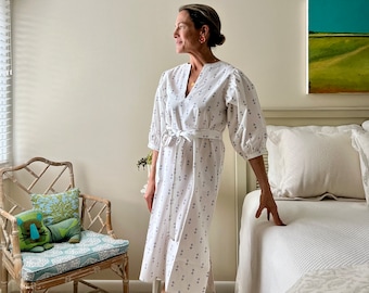 Organic Cotton Below the Knee Dress with Puff Sleeves, White and Navy Blue Staghorn Hand Block Print