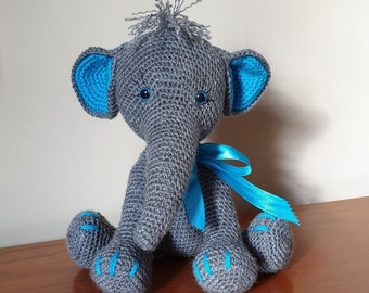 Ella enchanting pink / blue / turquoise and grey elephant. Quality handmade crochet soft toy.