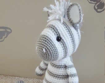 Ziggy the grey and white zebra. Handmade quality crochet soft toy.