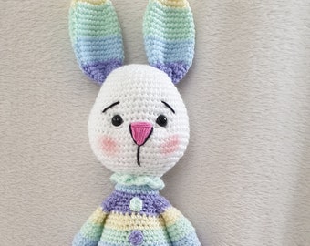 Pascale the Easter striped bunny rabbit. Quality handmade crochet soft toy.