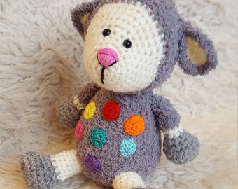 Daisy the spotted cuddly grey lamb.  Handmade quality crochet soft toy.
