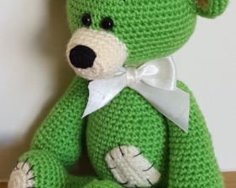 Delightful green or grey teddy bear. Handmade quality crochet soft toy.