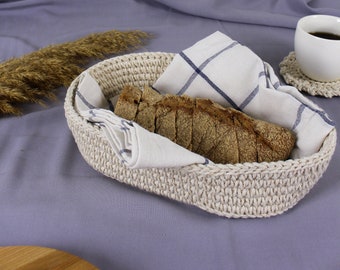 Oval Cotton basket for bread / Knitted basket for fruits  / Handmade knitted oval basket for home / Eco cotton oval basket for bathroom