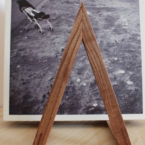 May include: A wooden triangle record stand with a record leaning against it. The record cover features a black and white photo of a baby in a stroller. The record title is "Space is Only Noise" by Nicolas Jaar.