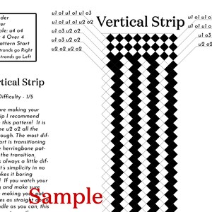 Puede incluir: Un diagrama en blanco y negro que muestra un patr&oacute;n de franja vertical con el texto "Vertical Strip" y "Difficulty - 1/5". El diagrama muestra un patr&oacute;n de cuadrados blancos y negros dispuestos en diagonal. El texto "Sample" est&aacute; escrito en rojo en la parte inferior de la imagen.
