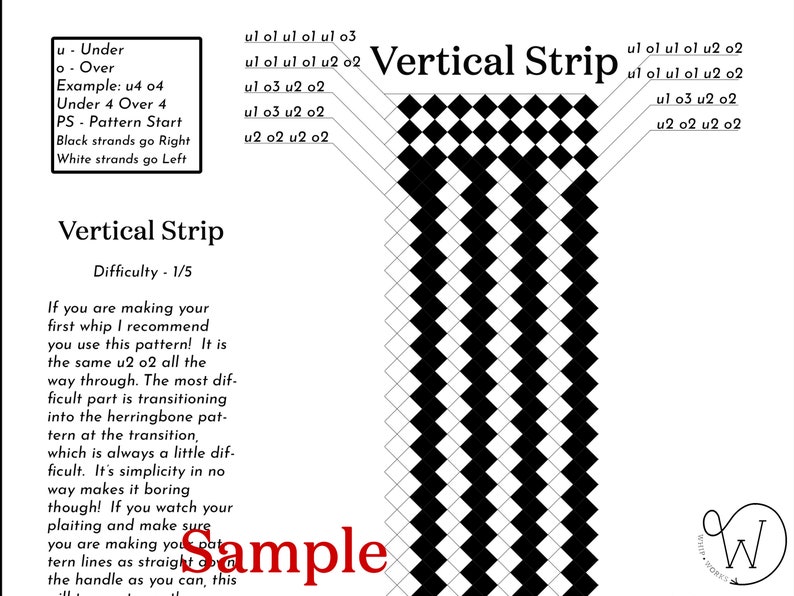 Puede incluir: Un diagrama en blanco y negro que muestra un patr&oacute;n de franja vertical con el texto "Vertical Strip" y "Difficulty - 1/5". El diagrama muestra un patr&oacute;n de cuadrados blancos y negros dispuestos en diagonal. El texto "Sample" est&aacute; escrito en rojo en la parte inferior de la imagen.