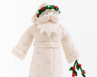 Mistletoe Father Christmas Ornament - Light, Hand Felted Santa Claus, Handmade Holiday Decor