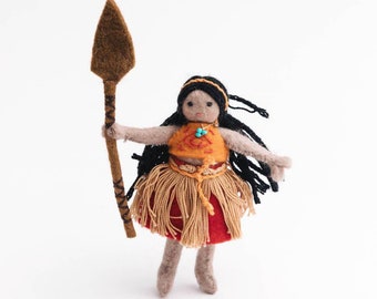 Oceania Girl Ornament, Hand Felted Woman Haka Dancer, Handmade Polynesian Charm