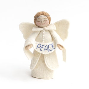 Message of Peace Angel, Hand Felted White Celestial Holiday Decor, Handmade Small Christmas Tree Topper