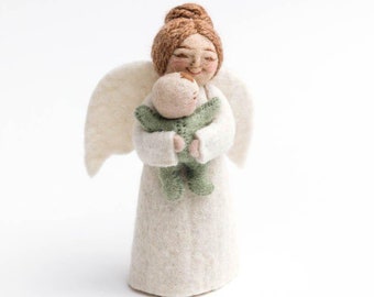 Green Mother's Presence Angel - Light, Hand Felted Spirit with Baby Ornament, Handmade Celestial Holiday Decor