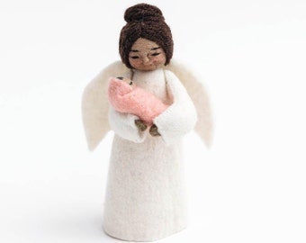 Pink Mother's Love Angel - Brown, Hand Felted Spirit with Baby Ornament, Handmade Celestial Home Decor