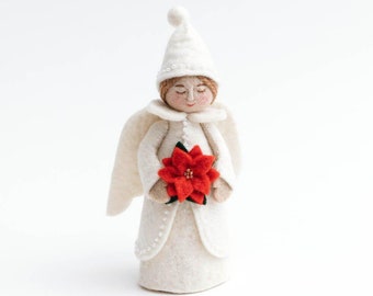 Poinsettia Gift Angel, Hand Felted Christmas Tree Adornment, Handmade Holiday Decor