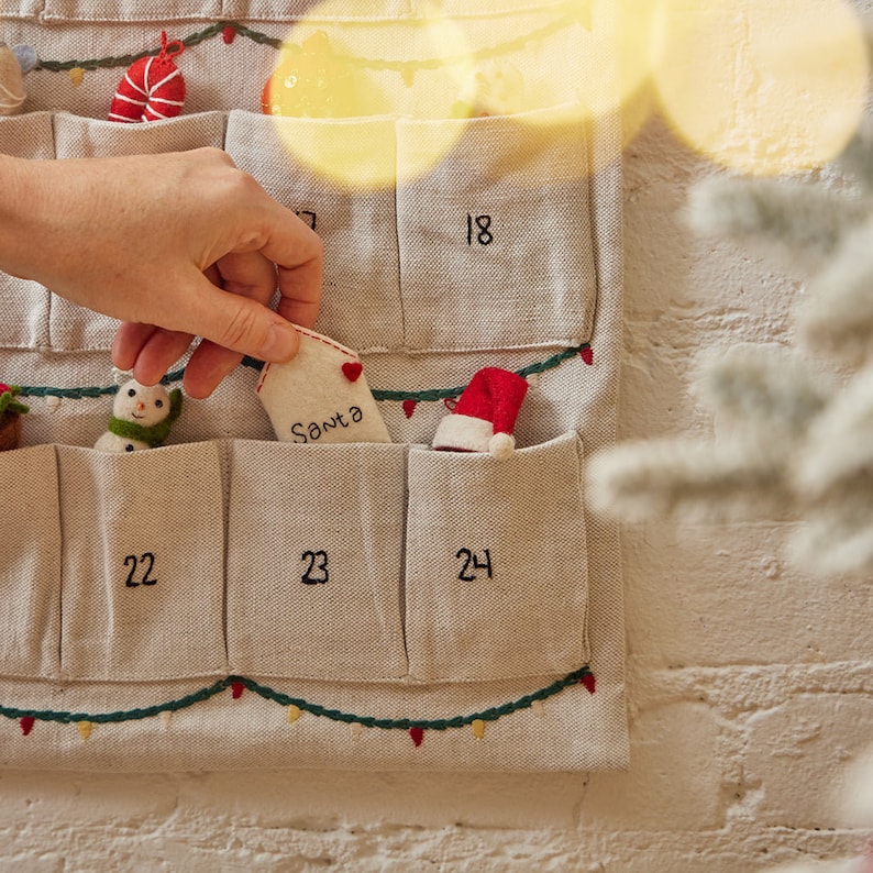 Bundle: Linen Advent Calendar with Set of 24 Mini Ornaments, Hand Embroidered Countdown Calendar, Handmade Christmas Decor image 3