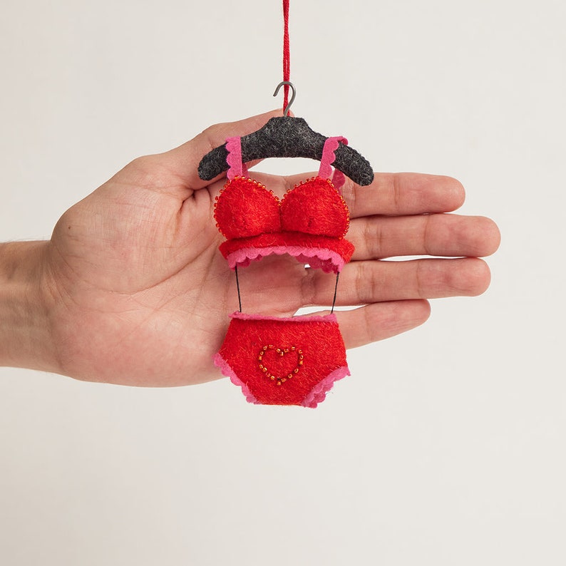 Red Heart Lingerie Set Ornament, Hand Felted Underwear Set, Handmade Valentine's Day Charm image 3