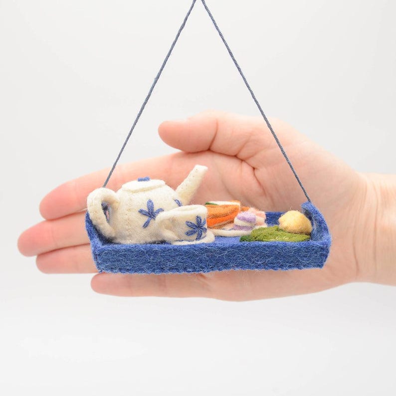 Tea Tray Ornament, Handmade Afternoon Tea Keepsake, Cottagecore Decor Gift, Felt Teapot and Treats for Cozy Holiday Decoration image 6