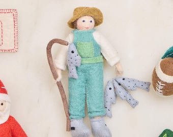 Lady Fly Fisher Ornament, Hand Felted Fishing Charm, Handmade Seaside Decor