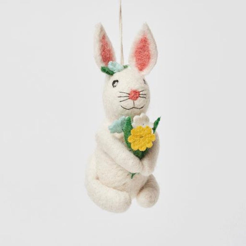 Spring Flowers White Bunny Ornament, Hand Felted Rabbit Charm, Handmade Easter Decor image 5