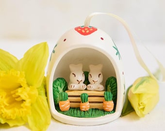 Osterhasen im Ei Keramikverzierung, Frühlingsandenken-Dekorgeschenk, Weinlese-Art-Häschen-Ei-Feiertagsakzent