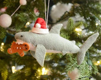 Jolly Santa Shark with Gingerbread Ornament, Handmade Felt Christmas Ocean Decor, Playful Holiday Keepsake