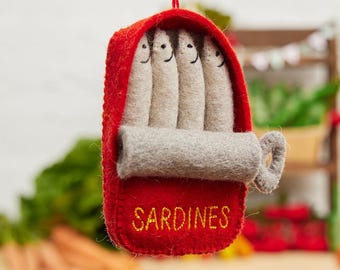 Tin of Sardines, Hand Felted Seafood Ornament, Handmade Foodie Charm