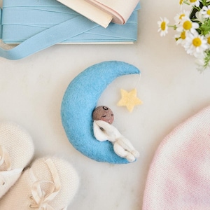 Moon Dreamer Baby Ornament - Brown, Brown Felt Baby Ornament, Handmade Nursery Decor, Baby’s First Christmas, Inclusive Baby Gift