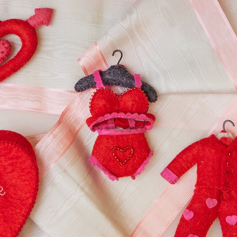 Red Heart Lingerie Set Ornament, Hand Felted Underwear Set, Handmade Valentine's Day Charm image 1