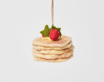 Strawberry Pancake Stack, Handmade Classic Breakfast Food Ornament, Hand Felted Foodie Charm