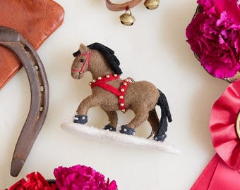 Winter Horse Ornament, Handmade Felt Equestrian Figure with Snow, Animal with Sleigh Bells Decor