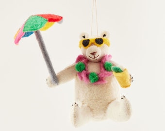 Under The Sun Beach Polar Bear, Hand Felted Arctic Animal Ornament, Handmade Summertime Charm